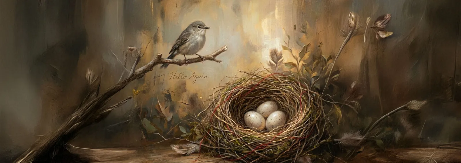A painting of a small bird resting beside a nest of three glowing eggs, a scarlet thread woven through